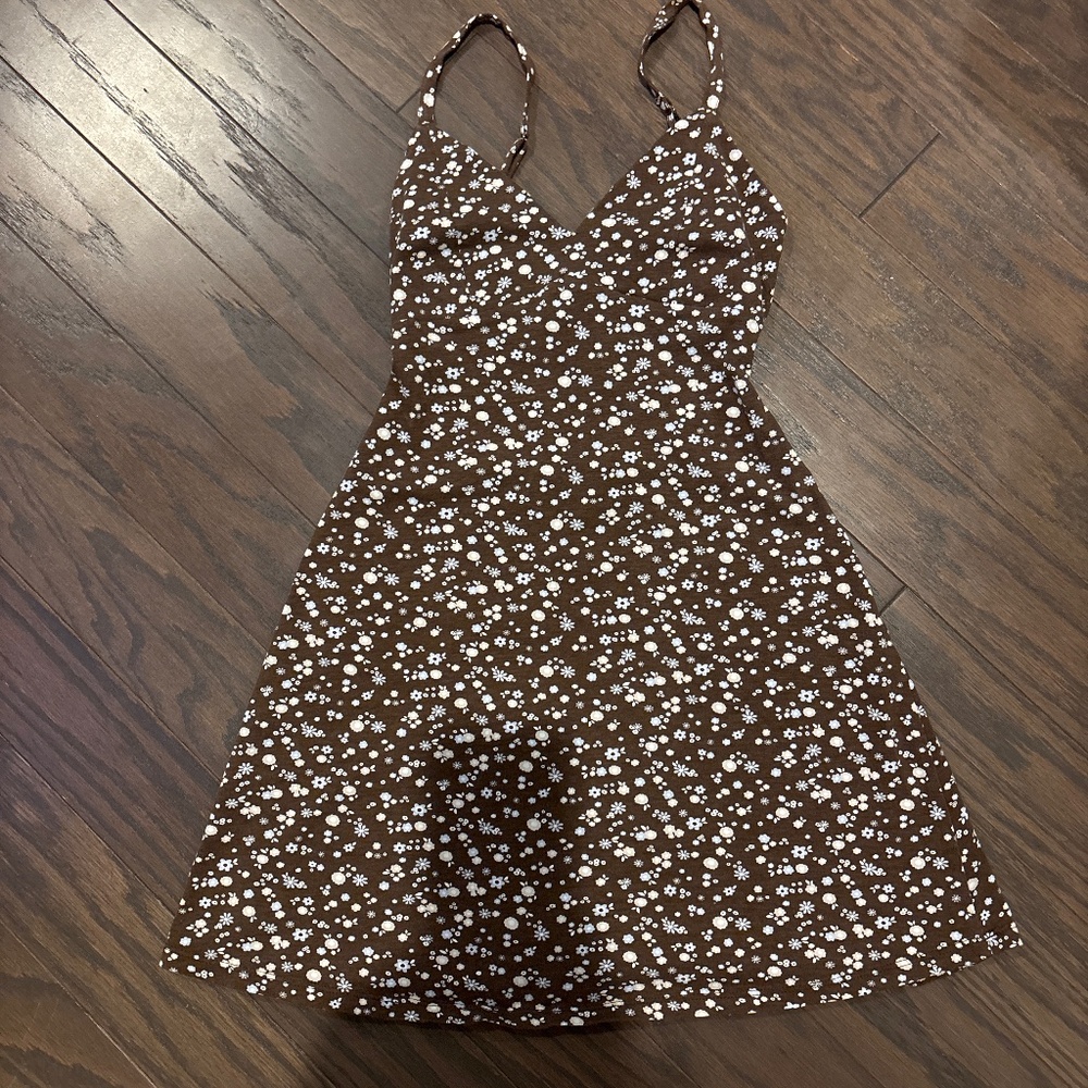 Brown cotton dress with yellow and blue flowers